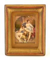 Fürdőző nők, részben festett, lapra festett (?), üvegezett fa keretben, 6,5x5 cm