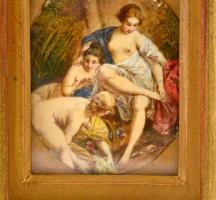 Fürdőző nők, részben festett, lapra festett (?), üvegezett fa keretben, 6,5x5 cm