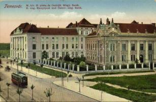 1916 Temesvár, Timisoara; M. kir. főposta, Osztrák-Magyar bank, villamos / main post office, Austro-Hungarian bank, tram