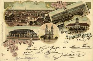 1898 Szabadka, Subotica; templom, városház. Víg Zsig. Sándor kiadása / church, town hall. Art Nouveau, floral, litho (Rb)
