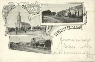 1899 Facset, Facsád, Faget; Görögkeleti (ortodox) templom, Fő utca, Sétatér, Fő utca a Vasúthoz. Kiadja Mailander R. / Orthodox church, main street, promenade. Art Nouveau, floral