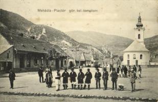 1915 Mehádia, Mehadia; Piactér, Görögkeleti (ortodox) templom, Sofia Popovits üzlete / market square, Orthodox church, shop (EK)