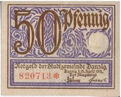 Németország / Weimari Köztársaság / Danzig 1919. 50pf szükségpénz szárazpecséttel, vízjeles papíron T:III Germany / Weimar Republic / Danzig 1919. 50 Pfennig necessity note withz embossed stamp, on watermarked paper C:F