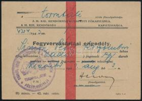 1943 Kiszombor, fegyvertartási engedély vadőr részére, pecséttel.