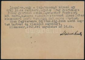 1943 Kiszombor, fegyvertartási engedély vadőr részére, pecséttel