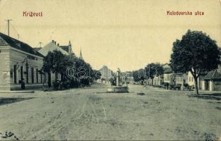 1909 Kőrös, Krizevac, Krizevci; Vasút utca. W. L. Bp. 1568. / Kolodvorska ulica / street view (gyűrődés / crease)