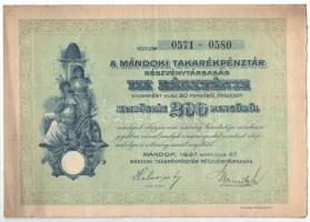 Mándok 1927. "Mándoki Takarékpénztár Részvénytársaság" tíz részvénye egyben, összesen 200P...