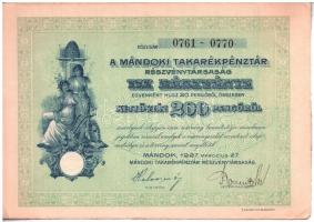 Mándok 1927. "Mándoki Takarékpénztár Részvénytársaság" tíz részvénye egyben, összesen 200P...