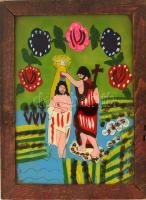 XIX sz.: Kézzel festett erdélyi üvegikon, fa keretben 40x27 cm