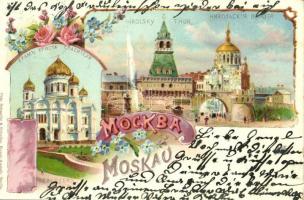 1900 Moscow, Moskau, Moscou; Nikolsky Thor, Erlösers Kirche / Nikolaevsky gate, Cathedral of Christ the Saviour. Otto Schaefer & Scheibe. Art Nouveau, floral, litho (EK)