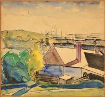 Cziffery József (1902-1964): Ipari vidék. Akvarell-szén, papír, jelzett, 31×34 cm