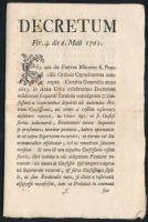 1761 Róma, F. Paulus a Colindres latin nyelvű nyomtatott határozata egyházi rendbe való beiktatásról, kézírásos bejegyzéssel és pecséttel, 12 p.