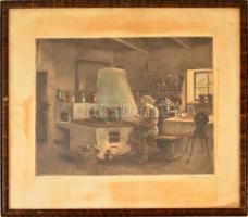 Paulovits Pál (1892-1975): A konyhában. Színezett rézkarc, papír (foltos), jelzett, 26×34 cm