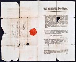 1795 Prága, Mit allerhochster Bewilligung című német nyelvű nyomtatott rendelet, kézírással és viaszpecséttel, nagyobb sérülésekkel, 3p.