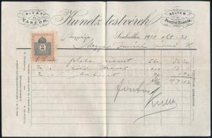 1911 Szabadka, Kunetz Testvérek szabadkai (Vajdaság) vászonkereskedésének számlája, hajtogatva, jó állapotban, 2f okmánybélyeggel
