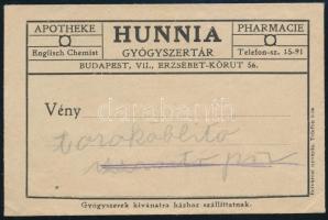 1930 Bp. VII. Erzsébet körút, Hunnia Gyógyszertár receptborítékja, szép állapotban