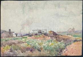 Csallóközi Farkas Lőrinc (1898-1966). Füstölgő gyárkémény. Akvarell, papír, jelzett, 17×25 cm