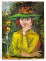 Olvashatatlan jelzéssel: Kalapos hölgy. Olaj, vászon, festék kopással, 39×30 cm