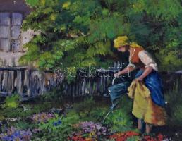 Jelzés nélkül: Virágokat öntöző asszony. Olaj, karton (hibás), 31×44 cm