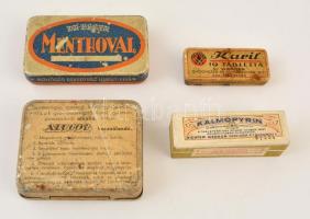cca 1930 4 db gyógyszeres doboz: Kalmopyrin, Karil, Menthoval, Alucol. Fém és papír.
