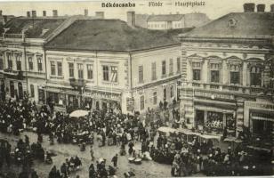 Békéscsaba, Fő tér, piac, húscsarnok, Leszich Kálmán, Löwy Jakab L. és Társa és Reisz Gyula üzlete. Tevan Adolf kiadása (vágott / cut)