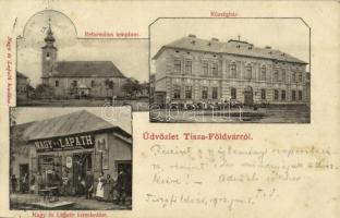 1903 Tiszaföldvár, Tisza-Földvár; Református templom, Községháza, Nagy és Lapath vas és fűszer kereskedése, üzlet bejárat a személyzettel. Nagy és Lapath saját kiadása (fl)