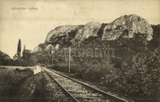 1913 Jászó, Jászóvár, Jasov; Jászóvári szikla, vasúti sín / rocks, railway track