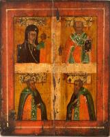 cca 1900 Jelzés nélkül: Mária kis Jézussal és három apostol, hibás fa ikon, 35×28 cm