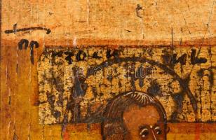 cca 1900 Jelzés nélkül: Mária kis Jézussal és három apostol, hibás fa ikon, 35×28 cm