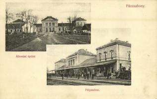 1909 Füzesabony, Állomási épület, Pályaudvar, vasútállomás, gőzmozdony, vasutasok. Kiadja Özv. Molnár Ödönné