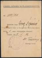 1945 Csepel, Csepel Község Elöljárósága által kiállított igazolás tífusz ellen védőoltásról