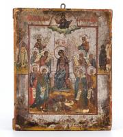 cca 1900 Jelzés nélkül: Trónon ülő Istenanya. Hibás festett fa ikon, 17,5×14 cm