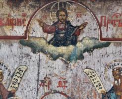 cca 1900 Jelzés nélkül: Trónon ülő Istenanya. Hibás festett fa ikon, 17,5×14 cm