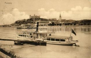 1913 Pozsony, Pressburg, Bratislava; vár, hajóállomás, Pozsony átkelőhajó csavargőzös / castle, ship station, Pozsony shuttle boat, steamship (EK)