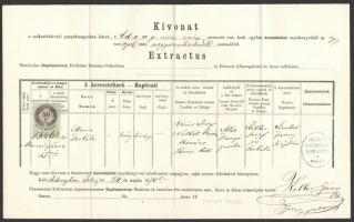 1870 Koller János plébános aláírása keresztelési anyakönyvi kivonaton, aki szemtanúja volt Zichy Ödön kivégzésének, 50 kr okmánybélyeggel