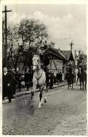 1938 Komárom, Komárnó; Vitéz Nagybányai Horthy Miklós bevonulása fehér lovon / entry of the Hungarian troops with Horthy + "1938 Érsekújvár visszatért" So. Stpl