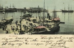 1907 Fiume, Rijeka; Molo Adamich / kikötő, rakpart, gőzhajók, hajógyár, Velebit egycsavaros tengeri személyszállító gőzös / port, steamships, shipyard, Velebit single screw sea-going passenger steamer (EB)