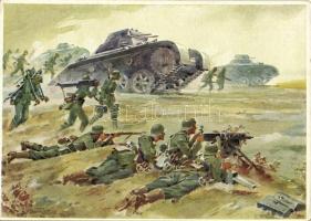 Wehrmachts-Postkarten Serie 1. Bild 2: Vorgehende Infanterie von Panzer-Kampfwagen unterstützt / WWII Wehrmacht (armed forces of Nazi Germany), military art postcard. Carl Werner Verlag s: Hans Friedrich (EK)