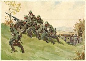 Wehrmachts-Postkarten Serie 1. Bild 1: Panzerabwehrgeschütz wird in Stellung gebracht / WWII Wehrmacht (armed forces of Nazi Germany), military art postcard. Carl Werner Verlag s: Hans Friedrich (EK)