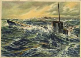 Wehrmachts-Postkarten Serie 4. Bild 1: Auftauchendes U-Boot / WWII Wehrmacht (armed forces of Nazi Germany), Kriegsmarine (German Navy) art postcard, submarine. Carl Werner Verlag s: Kablo