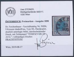 9kr HPIIb sötétkék, kiemelt középrész "TEMES(VÁR)" Certificate: Steiner 9kr HPIIb deep blu...