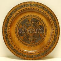 Díszes faragott fa falitányér átmérő 35 cm