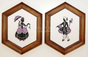 Férfit és nőt ábrázoló keretezett gobelin képek 2 db átmérő: 32cm