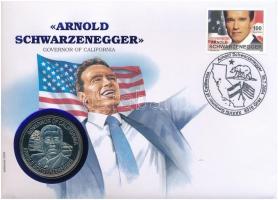 Libéria DN (2004) 5$ Cu-Ni Kalifornia kormányzója - Arnold Schwarzenegger felbélyegzett érmés borítékban T:PP Liberia ND (2004) 5 Dollars Cu-Ni Governor of California - Arnold Schwarzenegger in envelope with stamp C:PP