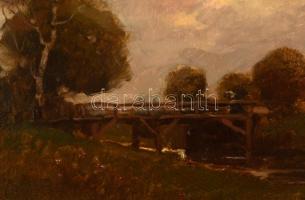 Komáromi-Kacz Endre (1880-1969): Faluhatár fa híddal. Olaj, karton, jelzett, hibás keretben, 34×49 c...