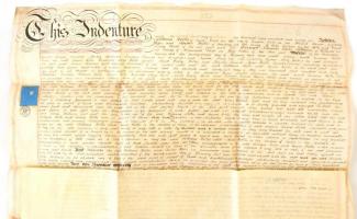 1875 Monmouthshire, Shirenewton angol nyelvű birtokügyi szerződés, okmánybélyegekkel, viaszpecsétekkel, 2 sztl. lev.