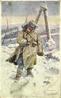 Offizielle Postkarte zu Gunsten der Hilfsaktion Kälteschultz Nr. 392. KHB / WWI K.u.k. (Austro-Hungarian) military art postcard in winter, artist signed (Rb)