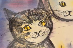 Macskássy Izolda (1945- ): Cicák, vegyes technika, selyempapír, jelzett, üvegezett keretben, 30×21 c...