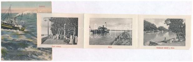 1909 Siófok, Vihar a Balatonon, Baross gőzös. leporellolap belül nagyvendéglővel és fürdőházzal. (fa...