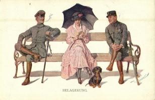 Belagerung / Lady with dachshund dog, flirting German military officers. M. Munk Wien Nr. 1119. s: Zasche